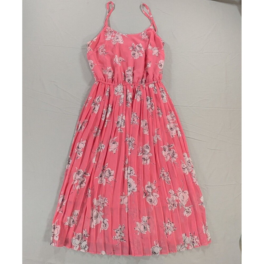 Elle Pink And White Pleated Floral Midi Dress Size Small Chiffon Spaghetti Strap